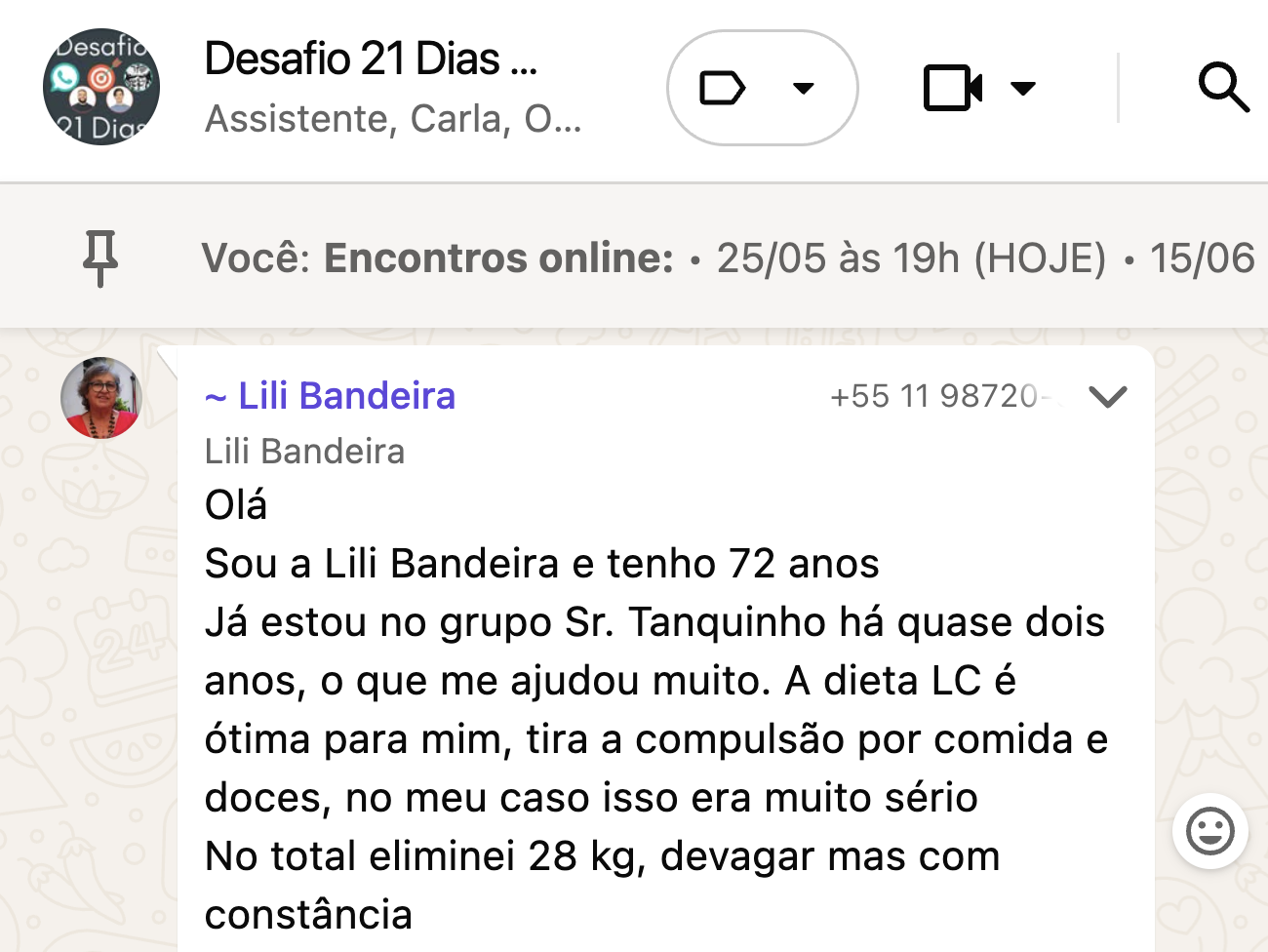 Lili relata 28 kg eliminados com constância